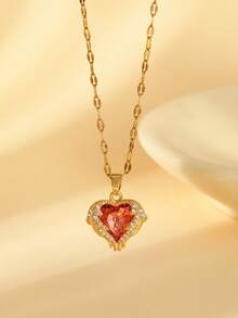 1 pieza Collar con colgante de corazón de acero inoxidable con circonita brillante, regalo exquisito para ocasiones especiales como el Día de San Valentín, el Día de la Madre, cumpleaños, etc.