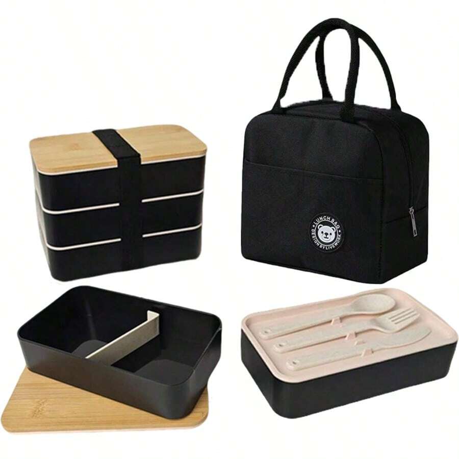 1pc Portable Leak-Proof Lunch Box With Cutlery, Japanese Bento Box, Adult Bento Box, School Lunch Box, Bamboo Lid Lunch Box, Meal Prep Container, Outdoor Travel Insulated Bag, Stackable, Reusable, Suitable For Back To School, Outdoor Travel, Office Work, Kitchen Food Storage - Multicolor - View 1