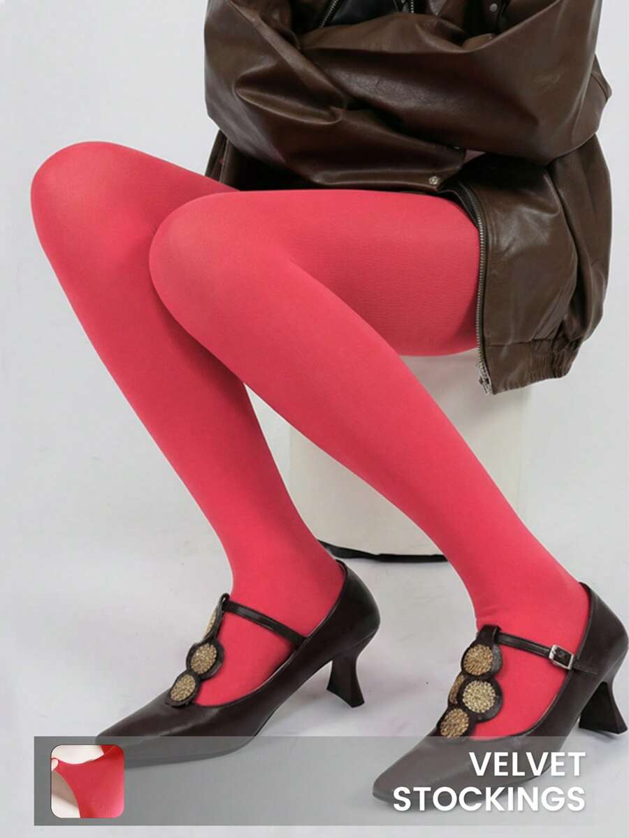 女士西瓜粉半透明紧身打底裤/连裤袜，时尚高弹塑形紧身裤，适合商务办公、休闲日常穿着，秋冬季节适用。 - 西瓜粉 - 查看 1