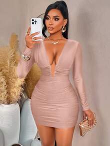 AIJ Amarilo Elegant Sexy Women's Short Deep V-Neck Long Sleeve Ruched Fitted Mini Dress, Suitable For Parties And Night Out Spring - Gray Pink - View 5
