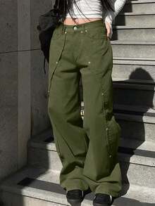 Women's Y2K Style Straight Jeans, Loose Wide Leg, Wood Pants - Army Green - View 2