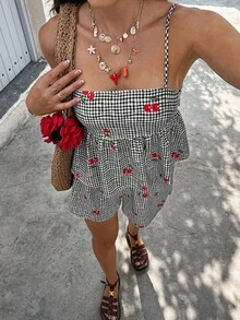 Doriss Summer Style 2pcs Cherry Printing Camisole Top And Shorts Set, Festival, Vacation Outfits, Eye-Catching Outfits, Romantic Holiday Style, Elegant, Back To School, Going Out Outfits - Black and White - View 2