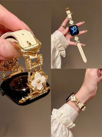 Chic Apple-Inspired Pebble Grain Floral Applique Band With Diamond, MOP & Metal Hardware | Luxe Textured Floral Design, Compatible With Apple Watch Ultra/SE/Series 11/10/9/8/7/6/5/4/3/2/1 | Fits 38mm 40mm 41mm 42mm 44mm 45mm 46mm 49mm