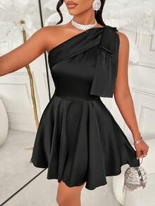 AIJ Robe mini en satin à une épaule pour femmes, automne-hiver, Noël - Nœud à la taille, large forme A, couleur unie - Style sexy pour cocktail, dîner et danse