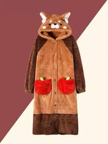 Damen süßer Bär Bademantel - Cartoon niedlicher Waschbär Flanell Bademantel - Nachtwäsche, nicht dehnbarer Stoff, maschinenwaschbar - Gemütlicher Winter Bademantel - Zuhause (Erwachsene) Cartoon Plüsch warmer Kapuzen Bademantel