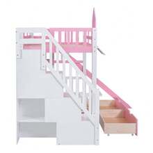 MERAX Twin-Over-Twin Castle Style Bunk Bed With 2 Drawers 3 Shelves And Slide - Pink - 粉色 - 查看 7