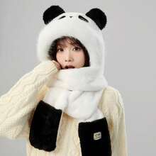 1pc Cute Strawberry Bear Ear Scarf Hat Cold-Proof Warm Hat Gloves Hooded Integrated Hat - 09-3598 帽子圍巾手套一體-黑色 - 查看 11