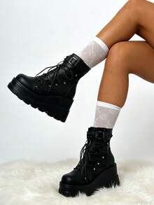 Y2K Gothic Punk Women Combat Boots High Wedges Lace Up Mesh Buckle Cool Fashion Cosplay Girls Motorcycle Shoes - màu đen - Xem 5