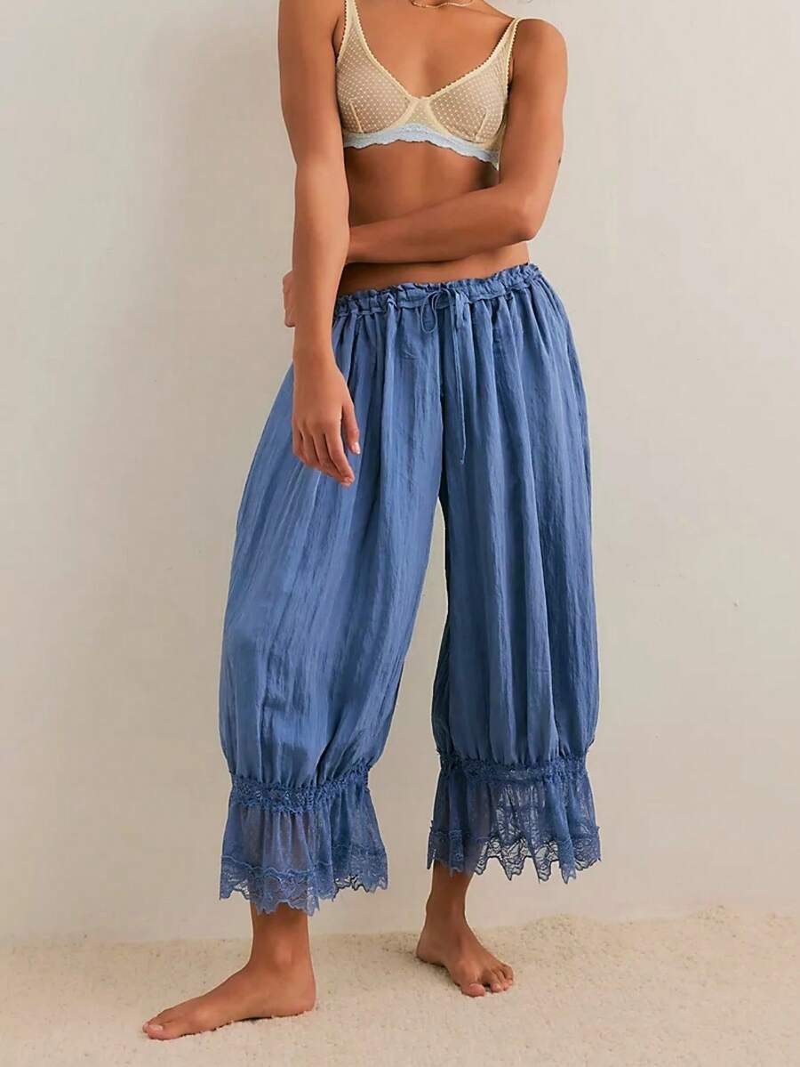 Women Y2K Half Slip Under Dress Pettipants Mid Rise Lace Patchwork Bloomers Trousers Ruffle Pantaloons Cropped Flared Pants Cute Pumpkin Long Pants - 藍色 - 查看 1