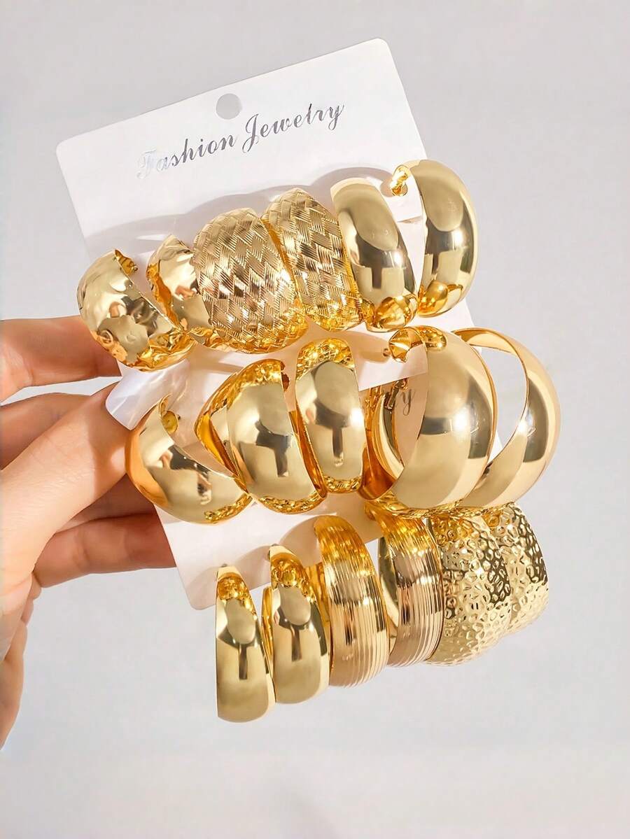 6件套，3对法式时尚冲孔凹凸C形卡片耳环套装，金色夸张简约几何耳环，适合女孩日常佩戴 - 金色 - 查看 1