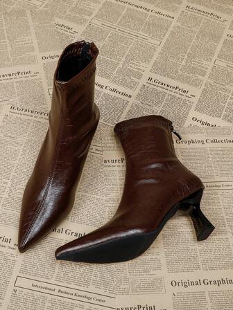 Women's Brown High Heel Ankle Boots, Short Boots, High Heels, Elastic Slim Boots, High Heels, Chunky Heels, Pointed Toe Boots