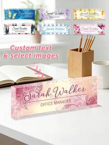 Customized Desktop Nameplate, 20 Styles Available, Customizable Text, Floral Transparent Acrylic Block, Personalized Office Decor Gift Suitable For Boss, Teacher, Colleague, Ladies And Gentlemen - Multicolor - View 1