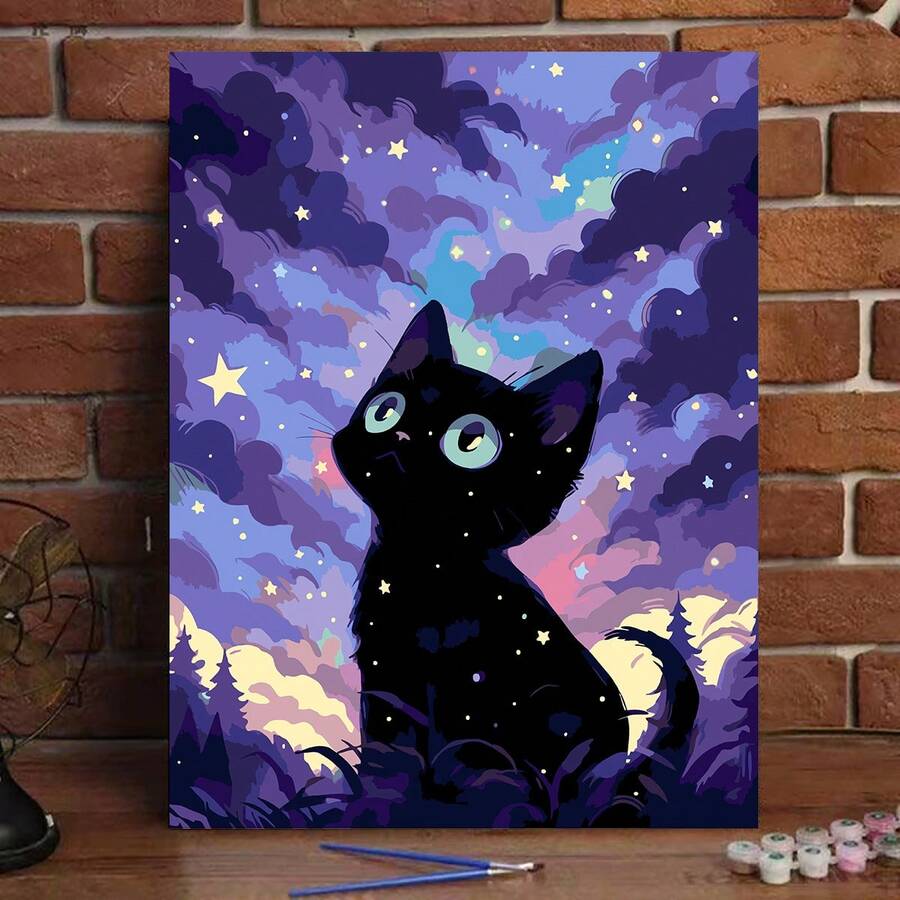 一套可爱的猫咪主题DIY数字油画套装，适合成人，包含丙烯颜料和画笔，释放您的创造力，描绘一个多彩的世界，开启您的艺术之旅，精心绘制的油画展现您的个性，是馈赠亲朋好友的理想礼物。 - 紫色 - 查看 1