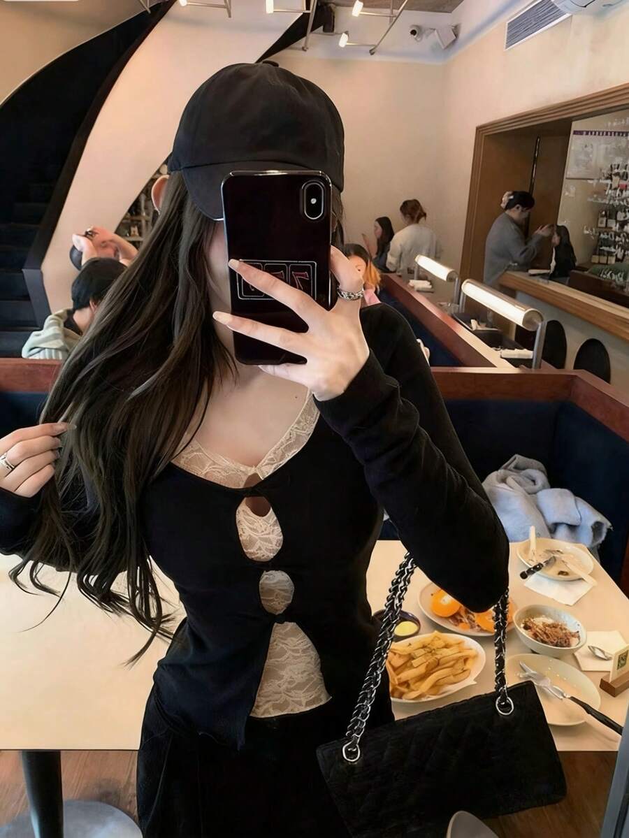 Lace Patchwork 2 In 1 + Ruffle Hollow-Out Detail Casual/Office Commute Cute Japanese Style Stretchy Fitted Long Sleeve Knit Cardigan, Spring/Summer - Black - View 1