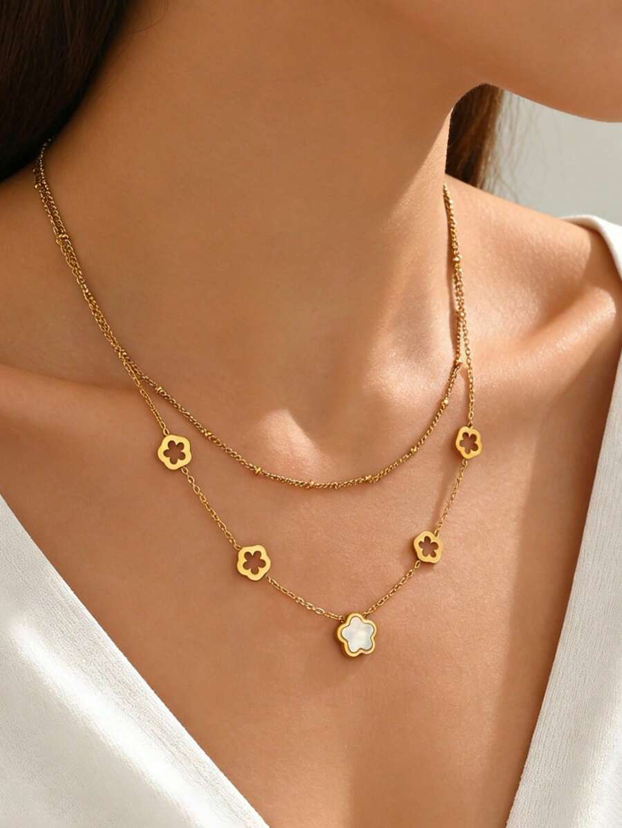 1pc Stainless Steel Clover Pendant Necklace, Double Layer Pearl Chain Necklace, Fashionable Stainless Steel Five-Leaf Flower Necklace, Suitable For Women's Daily Wear Or Gift, Fashionable Stainless Steel Sexy Collarbone Chain Accessory - Gold - View 1