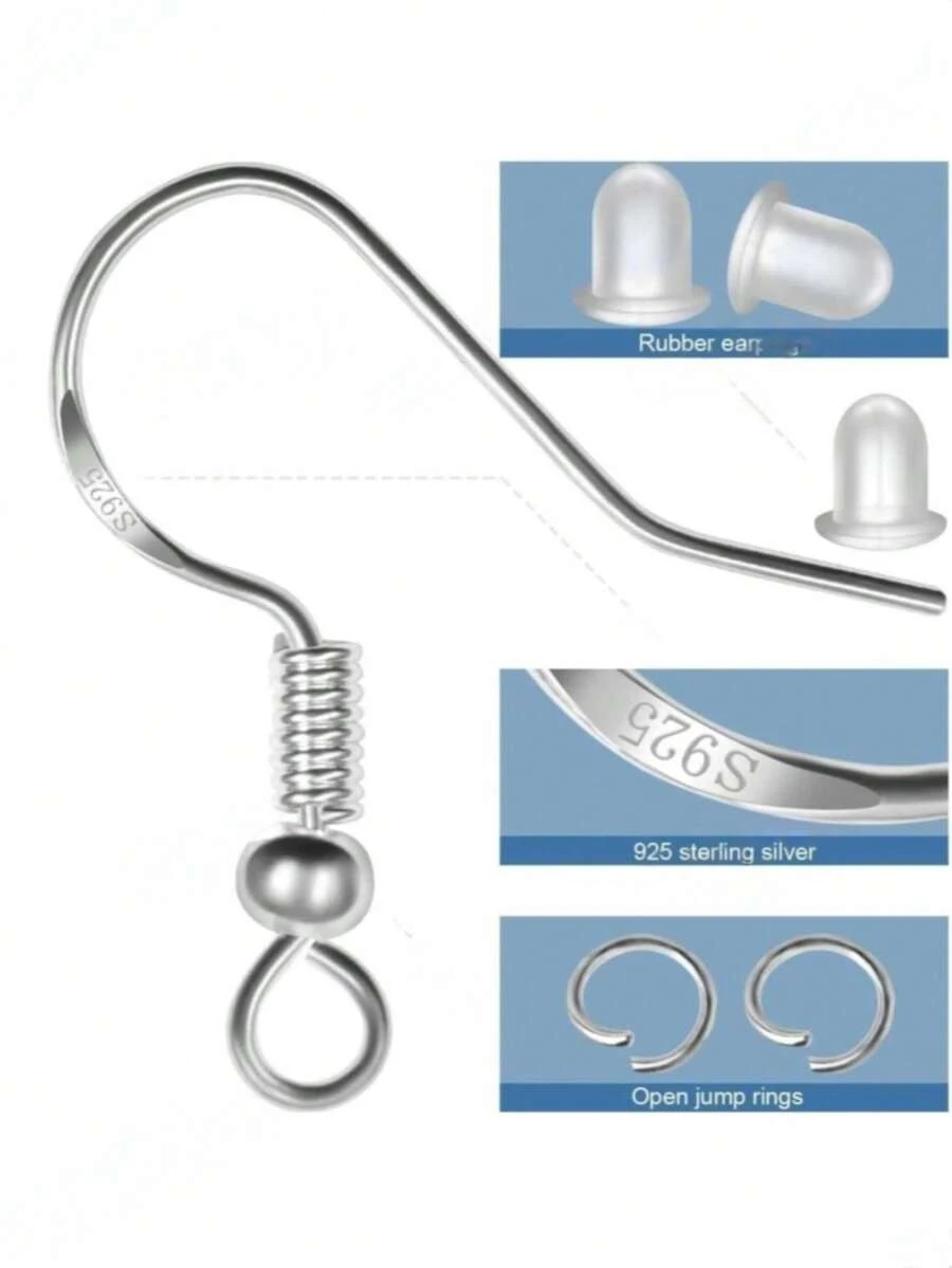 300 piezas Juego de ganchos para pendientes hipoalergénicos de plata para hacer joyas, kit de fabricación de pendientes de calidad mejorada, incluye respaldos y anillos conectores para pendientes, suministros de manualidades para hacer joyas DIY