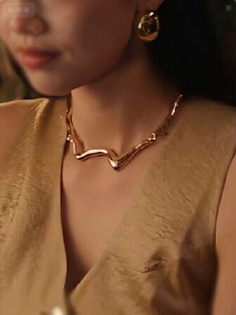 1pc Minimalist Alloy Material Wavy Line Necklace, Suitable For Women's Daily Wear, Curved Design Jewelry, Holiday Gift