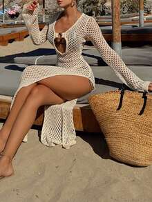 Beige Crochet Beach Cover Up Long Sleeve Hollow Out High Split Maxi Dress - Apricot - View 8
