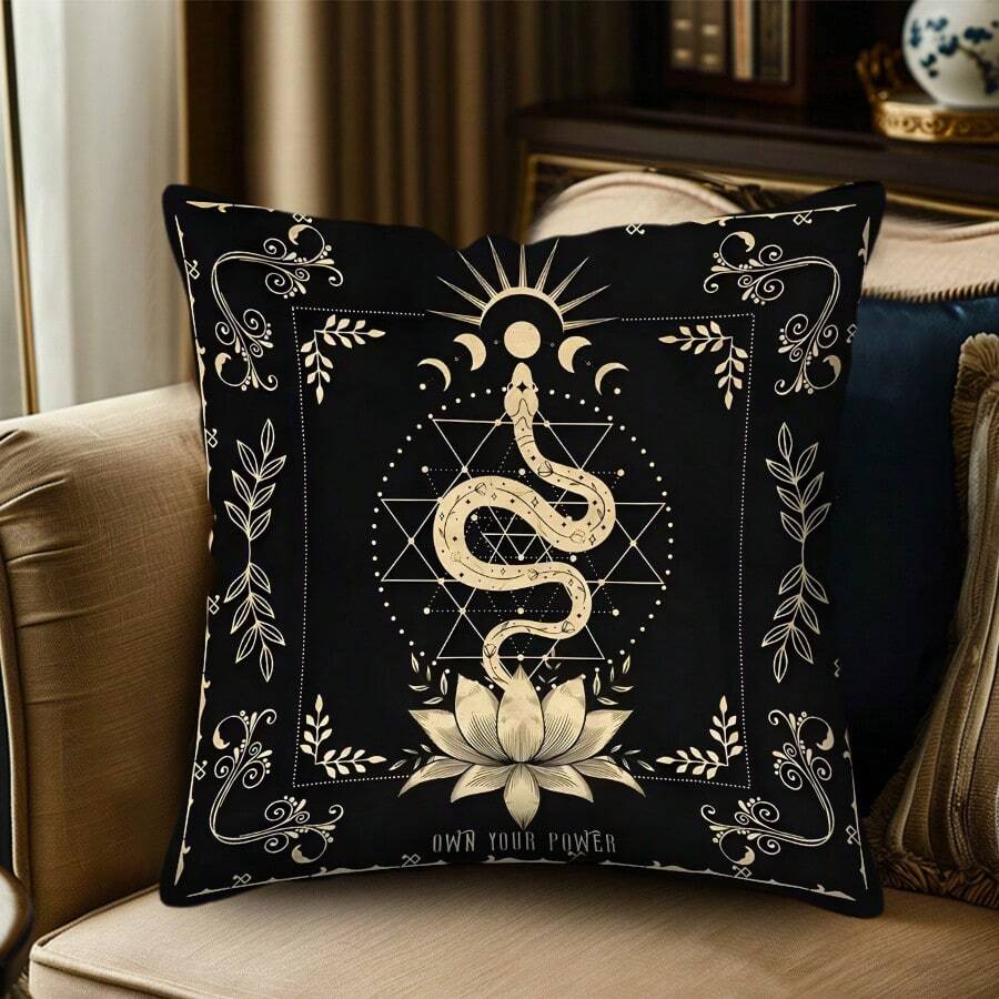TOPSSCTR 1pc Mysterious Black Style Throw Pillowcases With Moon, Starry Sky And Floral Decorative Pillow Covers, 17.7 Inch/45 Cm Funky Black Square Cushion Covers, Flower, Moon & Snake Printed Pillowcase For Home Study Room, Office Decor (Without Pillow Insert) - Black - View 1