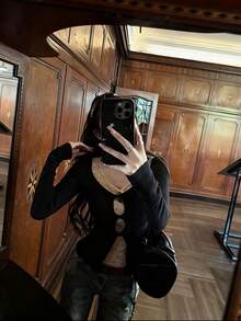 Lace Patchwork 2 In 1 + Ruffle Hollow-Out Detail Casual/Office Commute Cute Japanese Style Stretchy Fitted Long Sleeve Knit Cardigan, Spring/Summer - Black - View 6