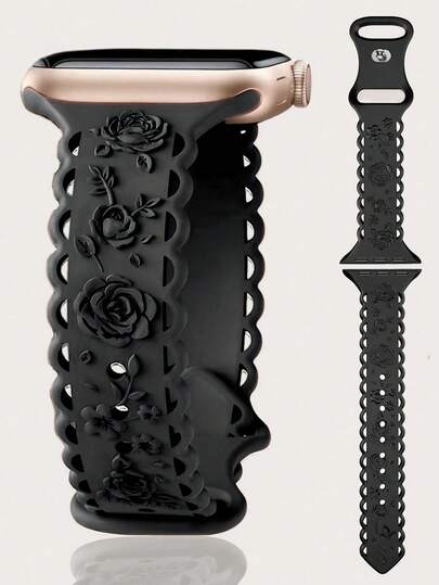 蕾丝花朵雕刻表带，兼容苹果手表表带 40mm 41mm 42mm 38mm 44mm 45mm 46mm 49mm，防水运动硅胶腕带替换表带，兼容 Series 11 10 9 8 7 6 5 4 3 2 1 SE，女款