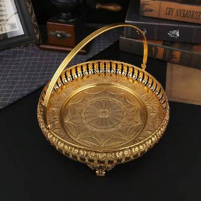 1 st guldfärgad vintage ihålig rund köksförvaringsbricka, serveringsfat för kakor/frukt/snacks