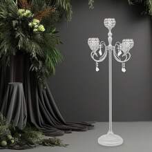 SanBouSi 5 Arm Crystal Candle Holder, 49" Silver Floor Standing Candelabra With K9 Crystal Bowls For Flameless Candles, Modern Wedding & Home Decor Centerpiece - Silver - View 3