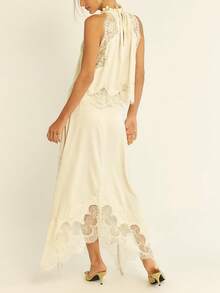 Women Satin Skirt Set Lace Trim Mock Neck Backless Tops Asymmetry Hem Maxi Skirt Y2k Silky Going Out Outfits - vàng nhạt - Xem 4