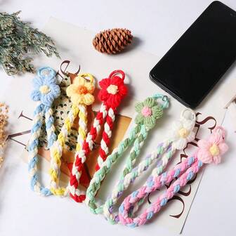 1pc Floral Print Boho Polyester Phone Lanyard Wrist Strap, Colorful Braided Flower Phone Charm Keychain, Versatile
