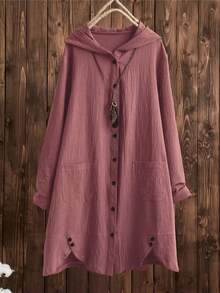 Plus Size Long Hooded Shirt, Button Front, Side Slits, Woven Fabric Shirt - Brown - View 8