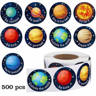 500 st/rulle klistermärken med mönster av solsystemets planeter, storlek: 2,5 cm/1,0 tum, rund form, perfekt som present, dekoration på böcker, brevpapper, presenter och mer. Gott nytt år!