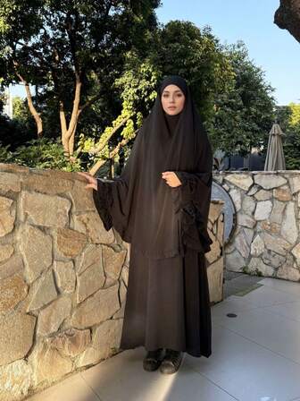 2pcs Elegant Floral Lace Abaya Set, Lotus Flare Sleeve Maxi Robe, Suitable For Party, Holiday, Casual & Home Wear