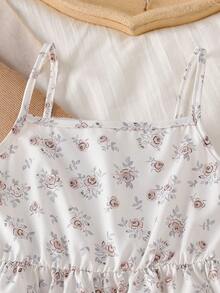 2pcs/Set Girls Spring/Autumn Jacket Outfit, Long Sleeve Collar Short Jacket + Floral Suspender Dress - Khaki - View 5