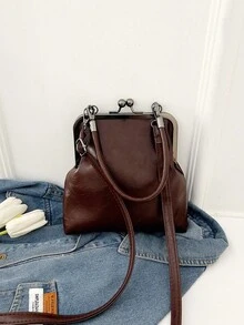 Women's PU Leather Crossbody Bag With Round Polka Dots, Vintage Style Handbag With Buckle Closure And Adjustable Shoulder Strap, Solid Color And Lightweight City Tote Bag - 米色 - 查看 7