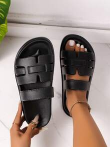 Women's Solid Color Simple Versatile, Breathable Open Toe Lightweight Soft Slippers, Suitable For Outdoor, Home, Beach, Pool Wear, Spring/Summer - Black - View 3