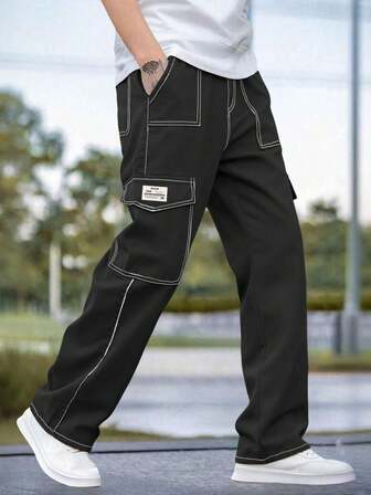 1 pieza Pantalones cargo de unicolor de corte slim con múltiples bolsillos, adecuados para primavera/verano, playa, vacaciones, uso diario, entrenamiento, actividades al aire libre, casual, fitness, running, pierna recta, moda urbana, otoño