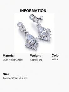 1 对镀银方晶锆石叶形长垂式夹式耳环，无需穿孔，方晶锆石水晶首饰，适合婚礼、订婚、新娘、宴会、选美、派对、舞会