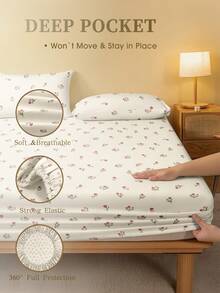 2/3件套粉色郁金香绿叶图案床笠套装（1件床笠+1/2个枕套），乡村风格床垫保护套，床垫罩，床单套装，柔软透气，适用于各种尺寸的床——单人床、双人床、特大号床、大号床，床笠深度可达11.8英寸，家用纺织品 - 米色 - 查看 4