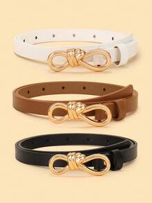 3条装儿童新款细腰带，高品质PU材质打结扣腰带，适合搭配牛仔裤和连衣裙 - 黑白駝 - 查看 2