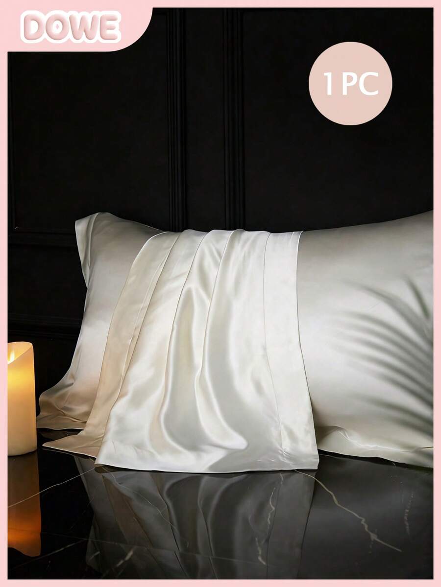 1pc Soft Breathable Silk Satin Wide Edged Pillowcase - White - View 1