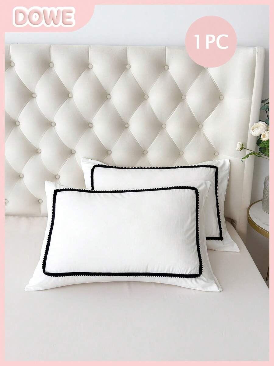 1pc 100% Polyester Pillowcase, Bohemian Style With Pom Pom Lace Trim, Without Pillow Insert, Decorative Bedding Accessory - White - View 1