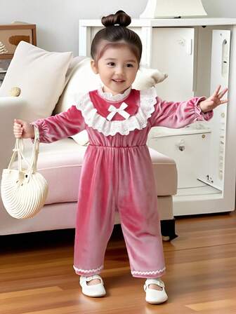 Baby Girls' Floral Collar Long Sleeve Jumpsuit, Casual Jumpsuit For Infants & Babies, Autumn/Winter