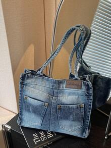 New Chic Casual Washed Jeans Shoulder Tote Bag, Niche Design, Fashionable Street Handbag, Suitable For Shopping And Commuting, Perfect For Cow Girl - Màu xanh lam - Xem 1