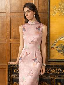 Faeriesty Cheongsam Chinês de Luxo Novo: Vestido Sem Mangas com Fenda Alta e Bordado de Borboleta. Perfeito para Galas, Casamentos & Eventos de Tapete Vermelho. - Rosa chiclete - Visão 5