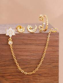 Ensemble de 4 boucles d'oreilles puces lune en acier inoxydable doré 18 carats, plaqué or, avec chaîne à fleurs et zircon. Bijoux tendance. - 4 pièces pour une oreille - Voir 1