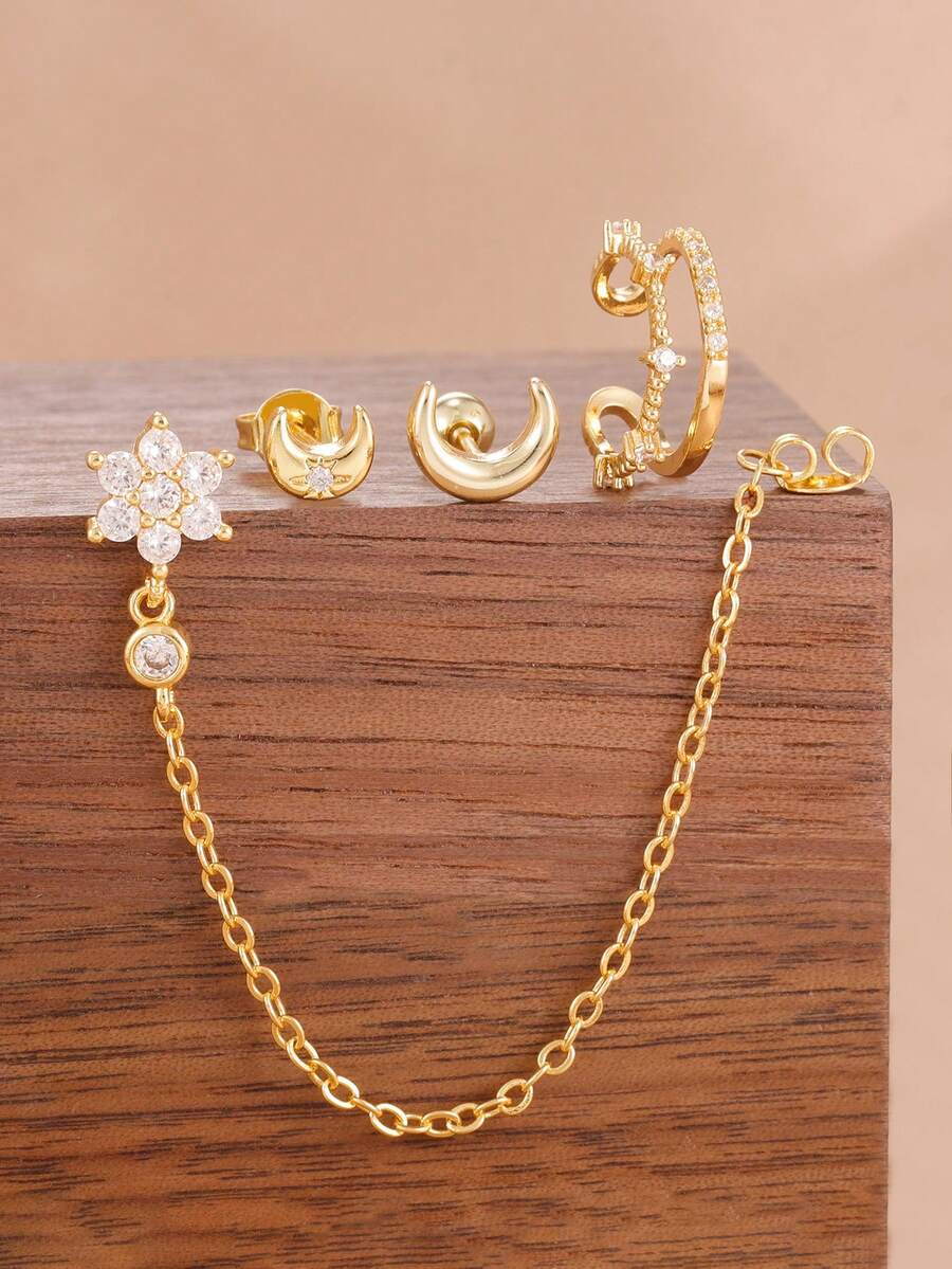 Ensemble de 4 boucles d'oreilles puces lune en acier inoxydable doré 18 carats, plaqué or, avec chaîne à fleurs et zircon. Bijoux tendance. - 4 pièces pour une oreille - Voir 1