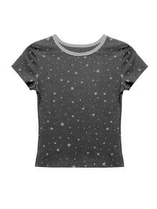 Kaos Lengan Pendek Wanita Model Slim Fit Leher Bulat Motif Bintang Vintage untuk Musim Panas - Dark Grey - View 10