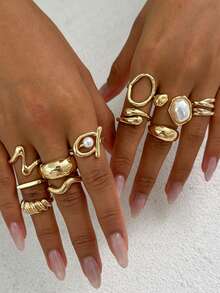 11 Pcs/Set Punk Rings Set For Women Vintage Geometric Rings Set Fashion Personalized Jewelry Gifts Match With Daily Outfits, Party Accessories - Yellow Gold - View 3