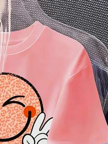 Tween Girls' Cartoon Smiling Face Print Crew Neck Casual Short Sleeve T-Shirt - Pink - View 4