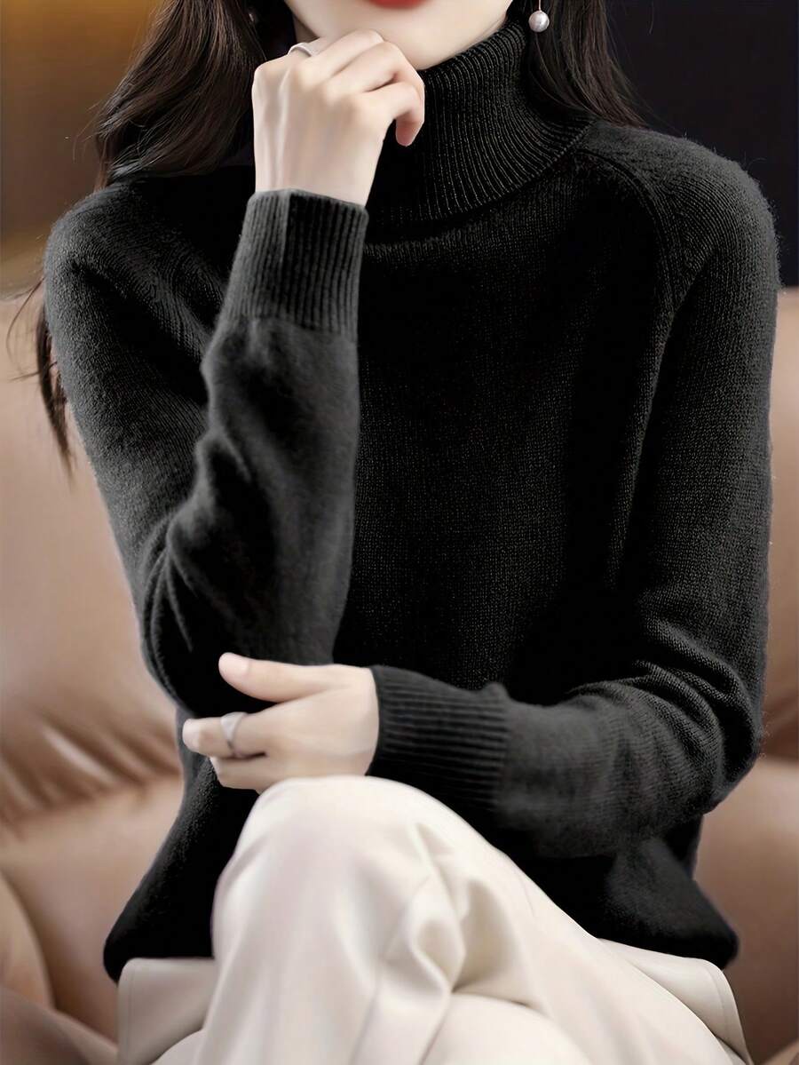 Women's Retro Turtleneck Sweater - High Elasticity Loose Fit Long Sleeve Ribbed Top, Solid Color Fall/Winter Layering Essential, Hand Wash/Dry Clean, Layering Fashion, Classic Turndown Collar, Comfortable Knitwear Workout Tops Ski Outfit Women Women's Winter Clothing Of Women's Winter Clothing Women's Winter Fashion Women's Winter Promotion Of Women's Winter Clothing Christmas - 黑色 - 查看 1